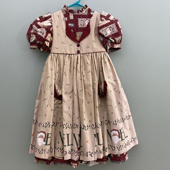 VTG Daisy Kingdom Dress Girls 4 Red Ivory Apron Santa Christmas NOEL 90s USA - Picture 1 of 11